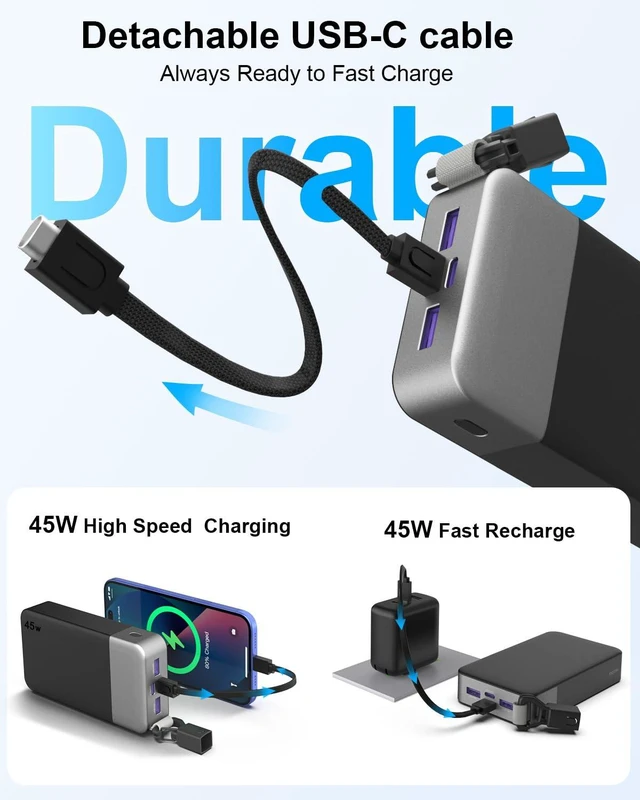 Alt view image 2 of 7 - NOBIS Portable Charger 20000mAh 45W Power Bank with Detachable C-Cable | Battery Pack w/2 USB-C(In/Out) & 2 USB-A, Digital Display,Small Current Mode, Battery Bank Travel for Pad,Phone 17 Steam Deck