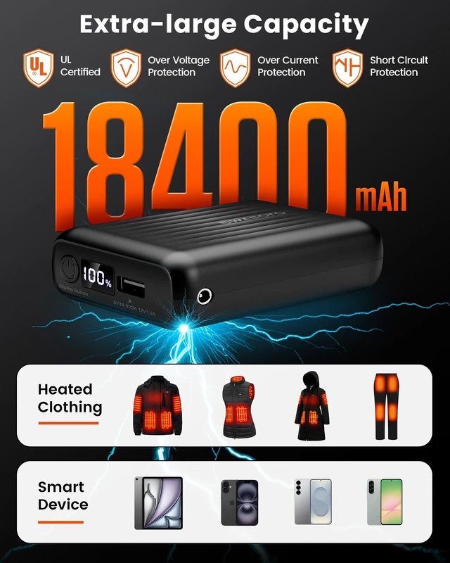 Alt view image 3 of 6 - WASOTO 18400mAh Heated Jackets Battery Portable LED Display Rechargeable Battery Pack for Heated Vest Power Bank for Men Women DC/USB/Type-C Output