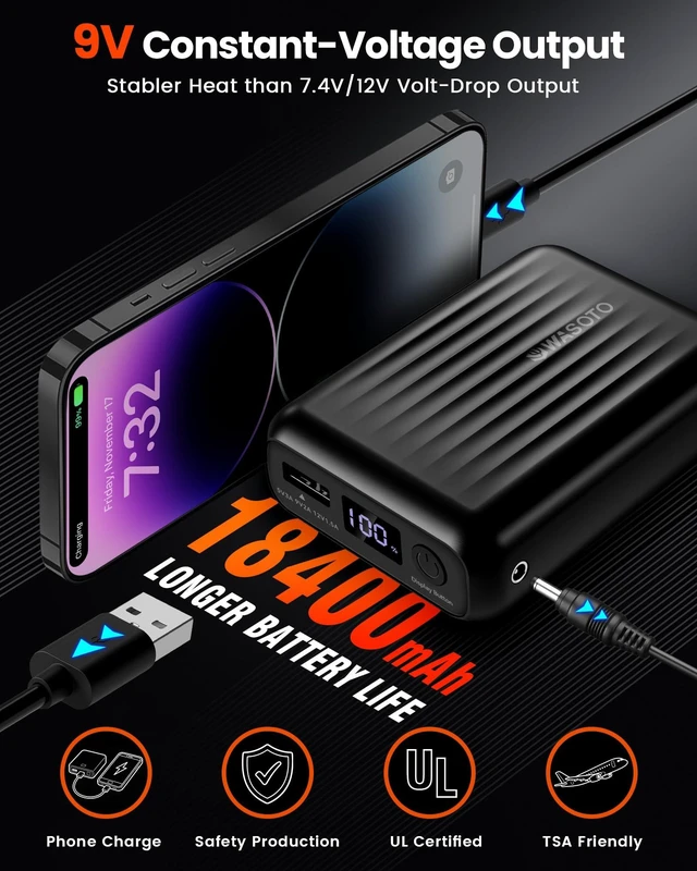 Alt view image 5 of 6 - WASOTO 18400mAh Heated Jackets Battery Portable LED Display Rechargeable Battery Pack for Heated Vest Power Bank for Men Women DC/USB/Type-C Output