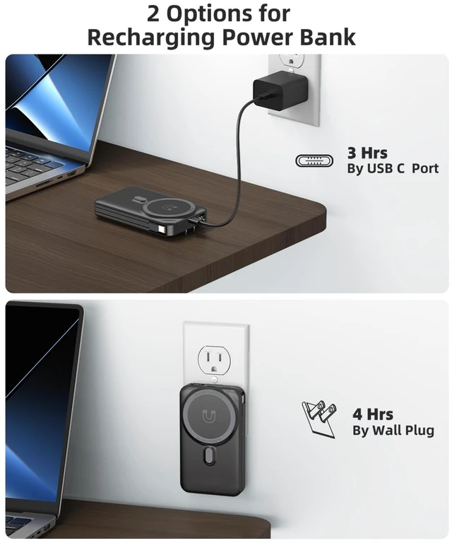 Alt view image 4 of 7 - for Magsafe Portable Charger for iPhone 10000mAh Wireless Magnetic Power Bank, 22.5W Fast Charging Battery Pack, Built-in Cables and Wall Plug & Foldable Stand for iPhone 18/17/16/15/14/13 Series