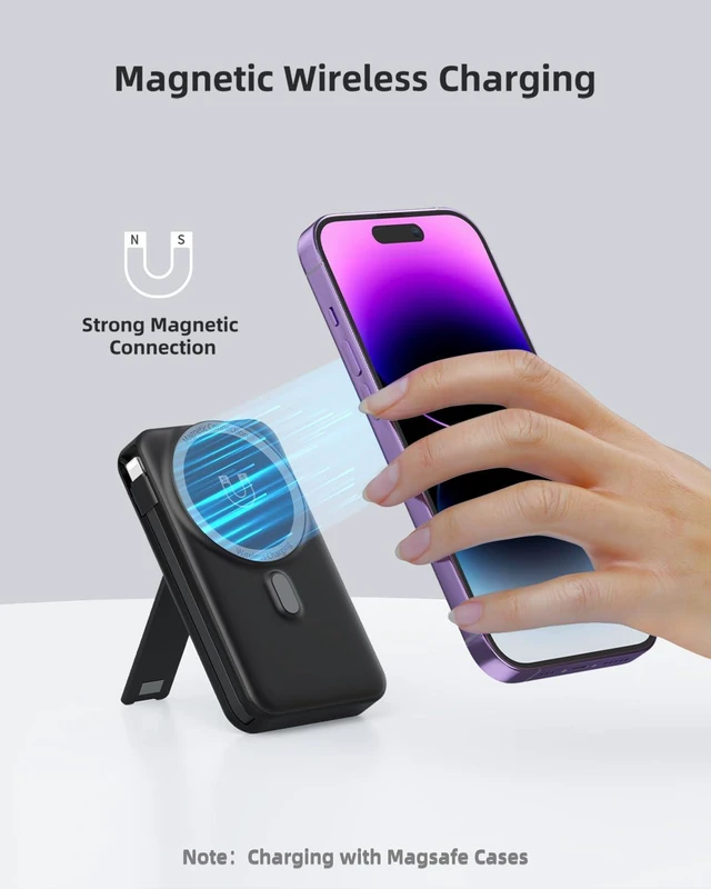 Alt view image 3 of 7 - for Magsafe Portable Charger for iPhone 10000mAh Wireless Magnetic Power Bank, 22.5W Fast Charging Battery Pack, Built-in Cables and Wall Plug & Foldable Stand for iPhone 18/17/16/15/14/13 Series