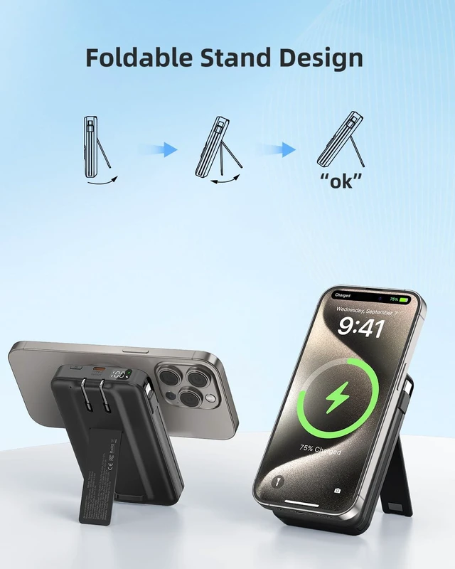 Alt view image 7 of 7 - for Magsafe Portable Charger for iPhone 10000mAh Wireless Magnetic Power Bank, 22.5W Fast Charging Battery Pack, Built-in Cables and Wall Plug & Foldable Stand for iPhone 18/17/16/15/14/13 Series