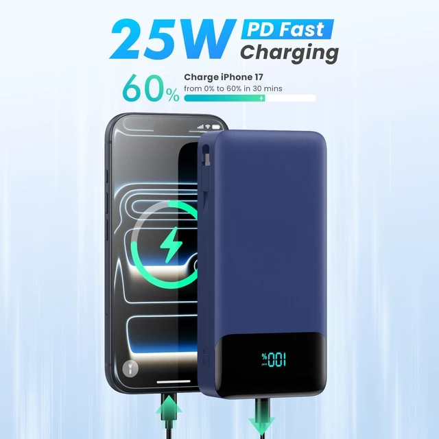 Alt view image 2 of 7 - Portable Charger with Built-in AC Plug and Cables,26800mAh All in One USB C Fast Charging Power Bank,Travel Essentials Portable Phone Charger Battery Pack for iPhone 17/16/15/14/13,Galaxy-Dark Blue