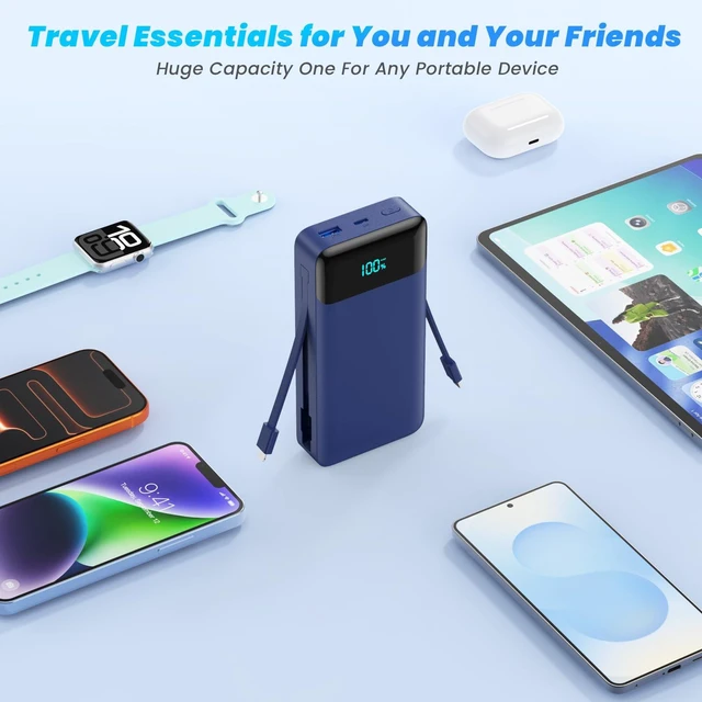 Alt view image 4 of 7 - Portable Charger with Built-in AC Plug and Cables,26800mAh All in One USB C Fast Charging Power Bank,Travel Essentials Portable Phone Charger Battery Pack for iPhone 17/16/15/14/13,Galaxy-Dark Blue