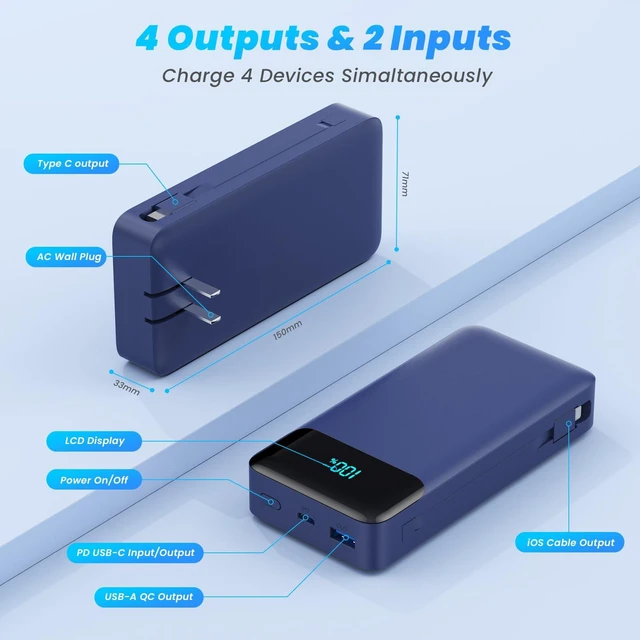 Alt view image 5 of 7 - Portable Charger with Built-in AC Plug and Cables,26800mAh All in One USB C Fast Charging Power Bank,Travel Essentials Portable Phone Charger Battery Pack for iPhone 17/16/15/14/13,Galaxy-Dark Blue