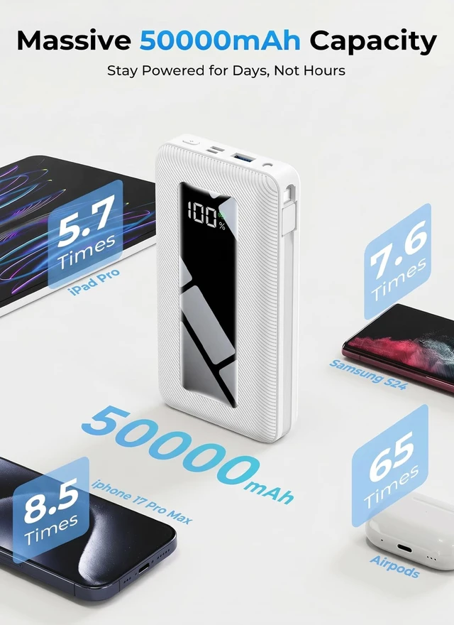 Alt view image 3 of 7 - Moihosso Portable Charger Power Bank 50000mAh with Built-in Cables | 22.5W Fast Charging Cream