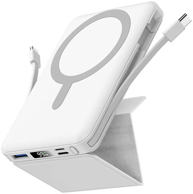 Main image of eailgeu for MagSafe Power Bank 10000mAh, Magnetic Portable Charger, Stand | 20W Fast Charging Battery Pack, Built-in USB-C Cables, LED Display, Travel Essential for iPhone 18/17/16/15/14/13/12, White