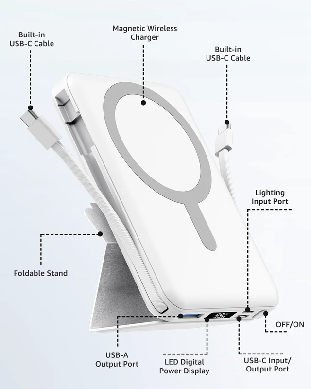 Alt view image 2 of 7 - eailgeu for MagSafe Power Bank 10000mAh, Magnetic Portable Charger, Stand | 20W Fast Charging Battery Pack, Built-in USB-C Cables, LED Display, Travel Essential for iPhone 18/17/16/15/14/13/12, White