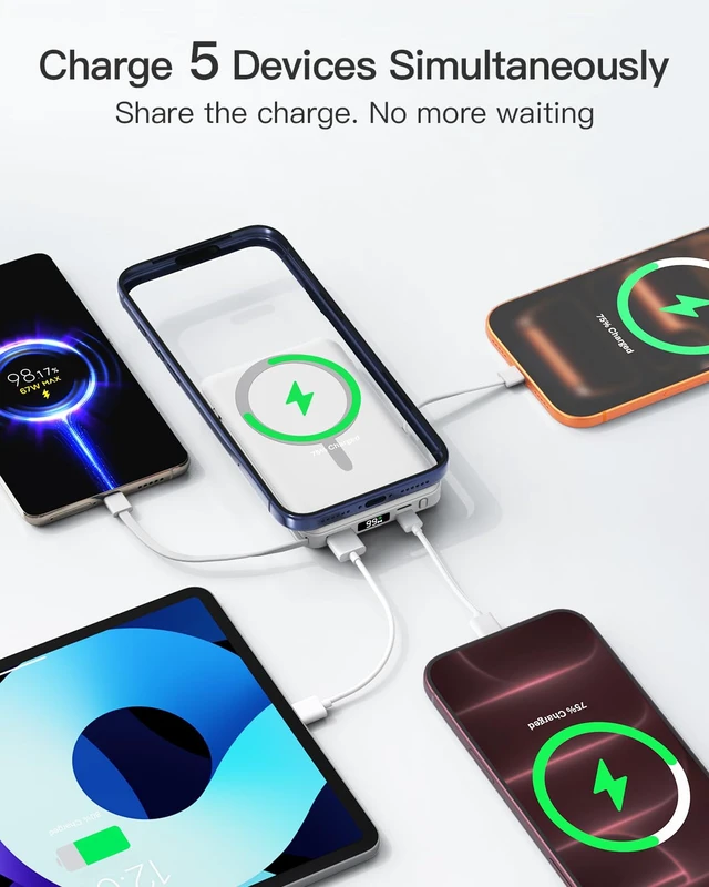 Alt view image 4 of 7 - eailgeu for MagSafe Power Bank 10000mAh, Magnetic Portable Charger, Stand | 20W Fast Charging Battery Pack, Built-in USB-C Cables, LED Display, Travel Essential for iPhone 18/17/16/15/14/13/12, White