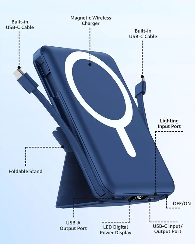 Alt view image 2 of 7 - eailgeu for MagSafe Power Bank 10000mAh, Magnetic Portable Charger, Stand | 20W Fast Charging Battery Pack, Built-in USB-C Cables, LED Display, Travel Essential for iPhone 18/17/16/15/14/13/12, Blue