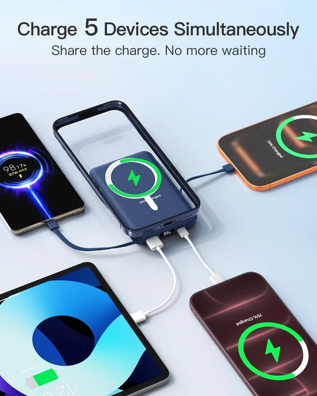 Alt view image 4 of 7 - eailgeu for MagSafe Power Bank 10000mAh, Magnetic Portable Charger, Stand | 20W Fast Charging Battery Pack, Built-in USB-C Cables, LED Display, Travel Essential for iPhone 18/17/16/15/14/13/12, Blue