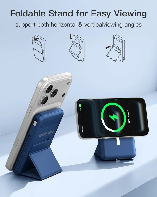 Alt view image 3 of 7 - eailgeu for MagSafe Power Bank 10000mAh, Magnetic Portable Charger, Stand | 20W Fast Charging Battery Pack, Built-in USB-C Cables, LED Display, Travel Essential for iPhone 18/17/16/15/14/13/12, Blue