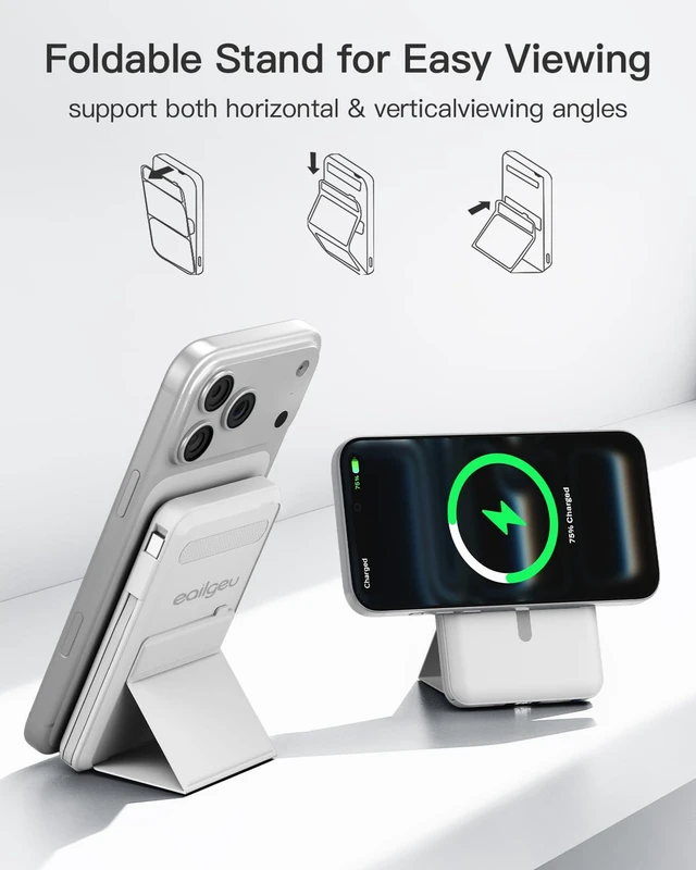 Alt view image 3 of 7 - eailgeu for MagSafe Power Bank 10000mAh, Magnetic Portable Charger, Stand | 20W Fast Charging Battery Pack, Built-in USB-C Cables, LED Display, Travel Essential for iPhone 18/17/16/15/14/13/12, White