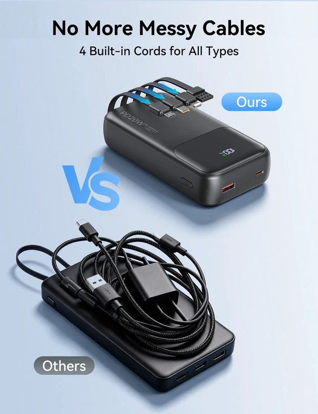 Alt view image 3 of 7 - Fast Charging Portable Charger 20000mAh with Built-in 4 Cables | 5 Outputs 2 Inputs,Slim Power Bank,Travel Essentials,LED Display,External Battery pack for iPhone,for iPad & More