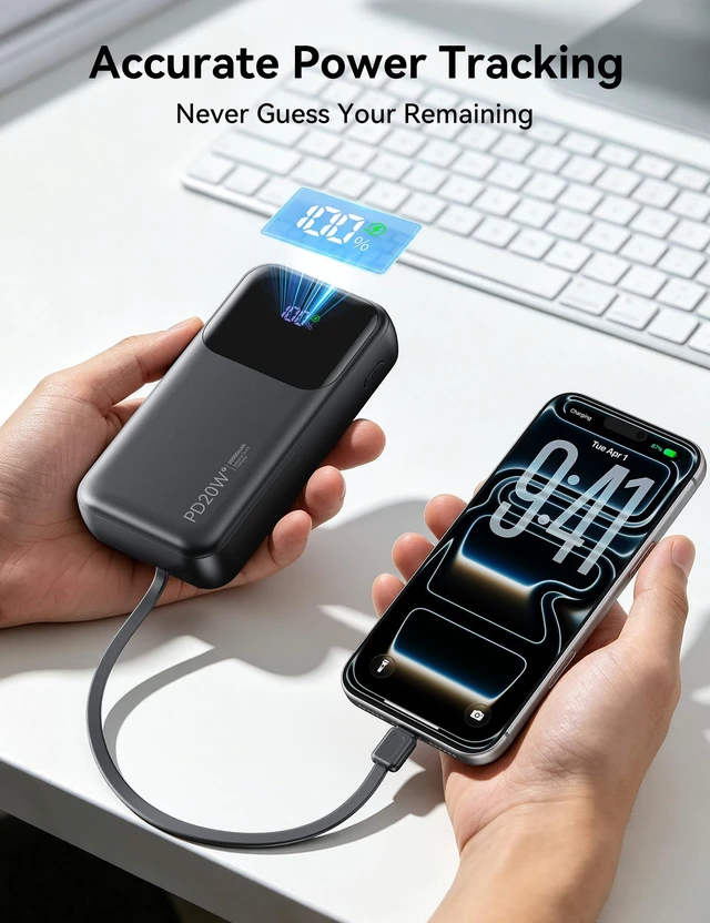Alt view image 5 of 7 - Fast Charging Portable Charger 20000mAh with Built-in 4 Cables | 5 Outputs 2 Inputs,Slim Power Bank,Travel Essentials,LED Display,External Battery pack for iPhone,for iPad & More