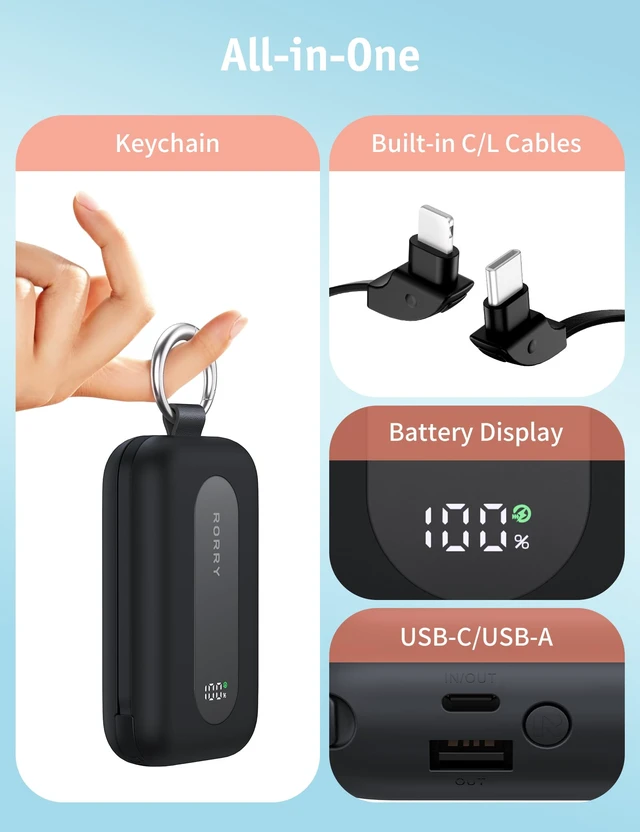 Alt view image 5 of 7 - CharmGo Portable Charger 20000mAh 30W Power Bank 4 in 1 Battery Pack | Built-in Cables,Fast Charging, Keychain, Travel Essentials, Portable,for iPhone 18Pro Max/17-15,for iPad Air/Pro,for AirPods