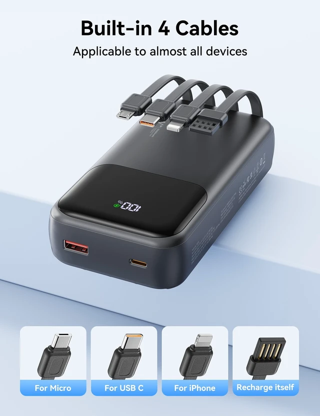 Alt view image 2 of 7 - Fast Charging Portable Charger 20000mAh with Built-in 4 Cables | 5 Outputs 2 Inputs,Slim Power Bank,Travel Essentials,LED Display,External Battery pack for iPhone,for iPad & More