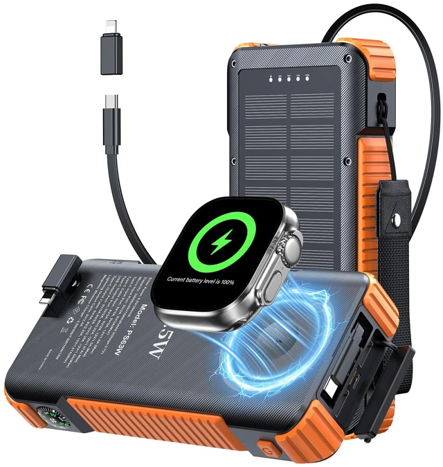 Main image of Solar Power Bank 20000mAh, Portable Wireless Charger for Watch Phone AirPod | PD 22.5W Battery Pack 70% in 30MIN, 27.6IN USB-C Cable, Flashlight Compass, Thermometer, Emergency Solar Panel