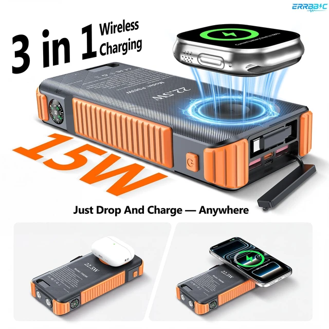 Alt view image 2 of 7 - Solar Power Bank 20000mAh, Portable Wireless Charger for Watch Phone AirPod | PD 22.5W Battery Pack 70% in 30MIN, 27.6IN USB-C Cable, Flashlight Compass, Thermometer, Emergency Solar Panel