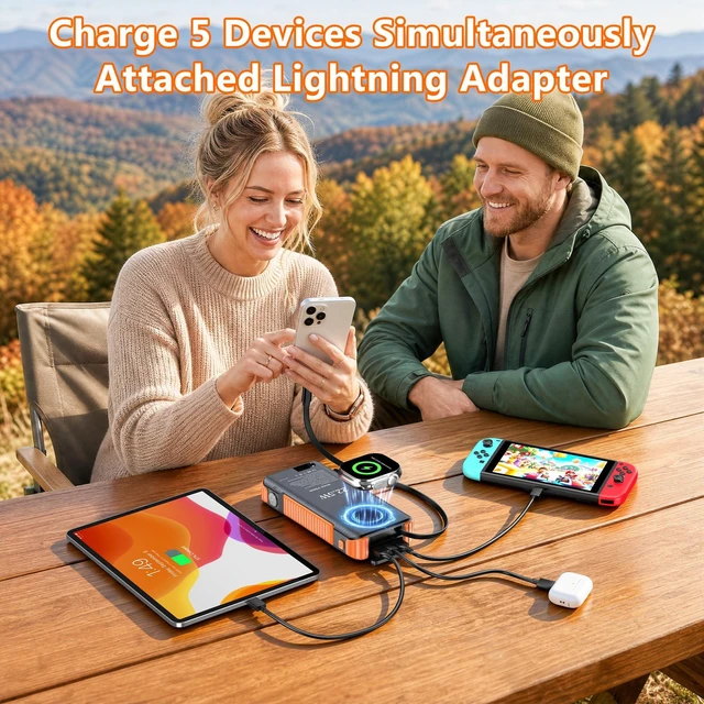Alt view image 4 of 7 - Solar Power Bank 20000mAh, Portable Wireless Charger for Watch Phone AirPod | PD 22.5W Battery Pack 70% in 30MIN, 27.6IN USB-C Cable, Flashlight Compass, Thermometer, Emergency Solar Panel