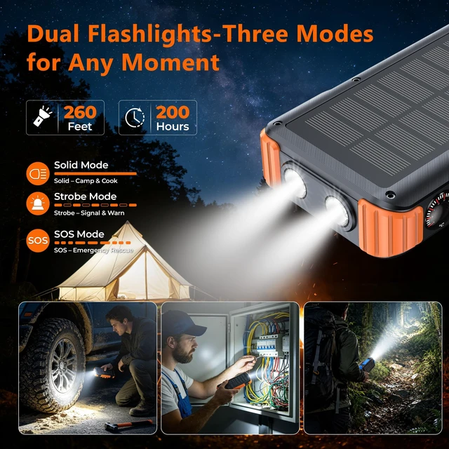 Alt view image 7 of 7 - Solar Power Bank 20000mAh, Portable Wireless Charger for Watch Phone AirPod | PD 22.5W Battery Pack 70% in 30MIN, 27.6IN USB-C Cable, Flashlight Compass, Thermometer, Emergency Solar Panel