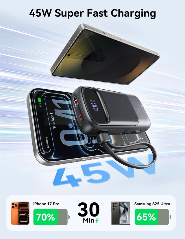 Alt view image 2 of 7 - Portable Charger 10000mAh 45W USB C Fast Charging, Built-in Cable | LED Display, Pocket Size, Ultra Lightweight, 3 Outputs, Low Current Mode, for iPhone 17/16/15 pro, Android, Tablet, Laptop