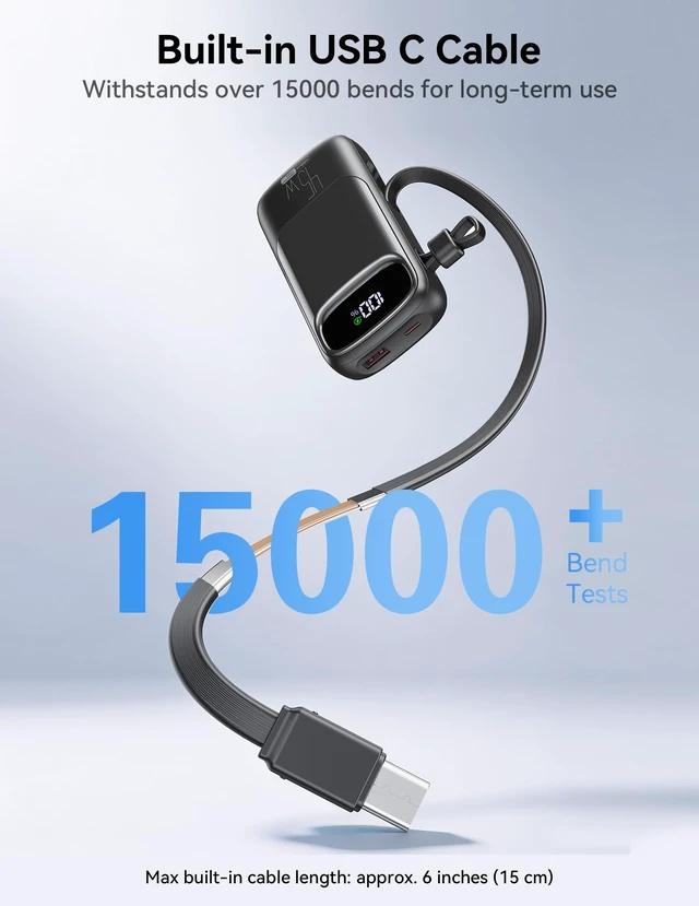 Alt view image 3 of 7 - Portable Charger 10000mAh 45W USB C Fast Charging, Built-in Cable | LED Display, Pocket Size, Ultra Lightweight, 3 Outputs, Low Current Mode, for iPhone 17/16/15 pro, Android, Tablet, Laptop
