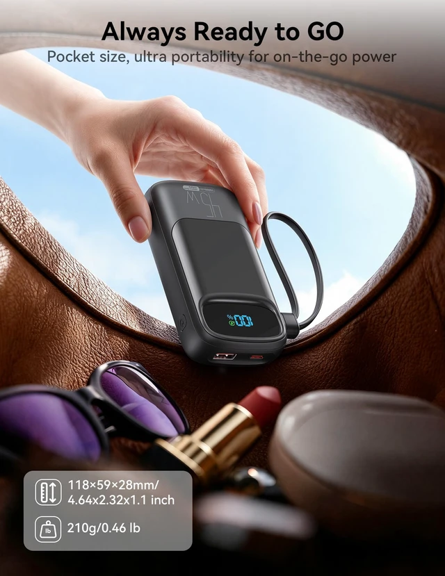 Alt view image 4 of 7 - Portable Charger 10000mAh 45W USB C Fast Charging, Built-in Cable | LED Display, Pocket Size, Ultra Lightweight, 3 Outputs, Low Current Mode, for iPhone 17/16/15 pro, Android, Tablet, Laptop