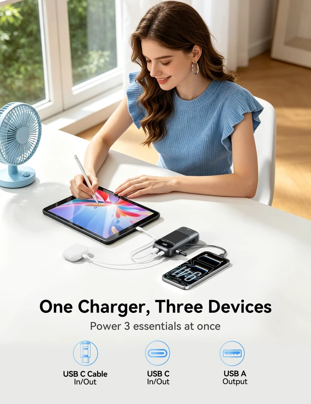 Alt view image 5 of 7 - Portable Charger 10000mAh 45W USB C Fast Charging, Built-in Cable | LED Display, Pocket Size, Ultra Lightweight, 3 Outputs, Low Current Mode, for iPhone 17/16/15 pro, Android, Tablet, Laptop