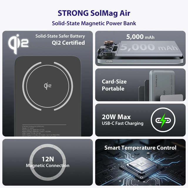 Alt view image 2 of 6 - Strong SolMag Power Bank 5000mAh, Magnetic Portable Charger for iPhone | 5000mAh semi-solid-state, Qi2 15W wireless + 20W USB-C, 0.34 in ultra-slim, for iPhone 18-12, stand and Android ring