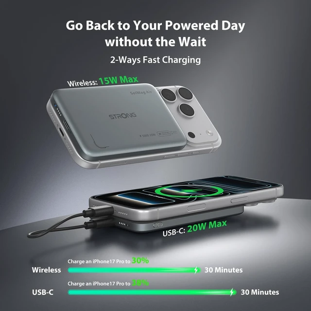 Alt view image 4 of 6 - Strong SolMag Power Bank 5000mAh, Magnetic Portable Charger for iPhone | 5000mAh semi-solid-state, Qi2 15W wireless + 20W USB-C, 0.34 in ultra-slim, for iPhone 18-12, stand and Android ring