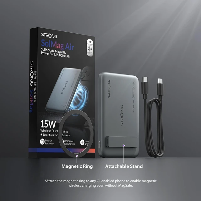 Alt view image 6 of 6 - Strong SolMag Power Bank 5000mAh, Magnetic Portable Charger for iPhone | 5000mAh semi-solid-state, Qi2 15W wireless + 20W USB-C, 0.34 in ultra-slim, for iPhone 18-12, stand and Android ring