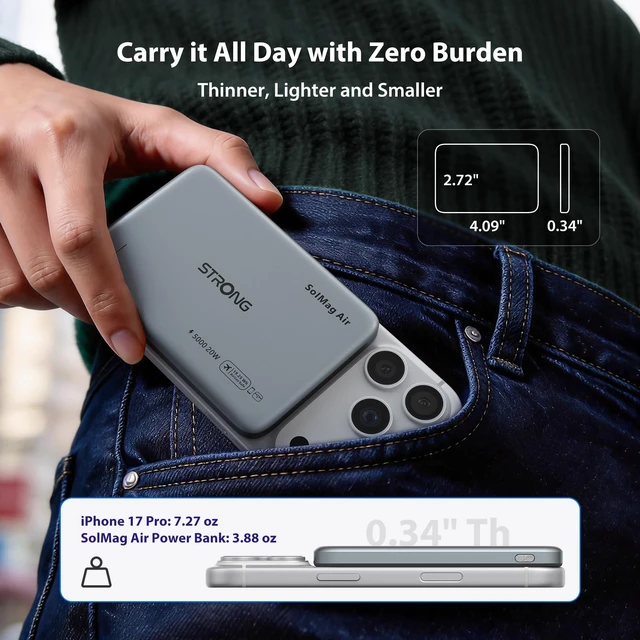 Alt view image 5 of 6 - Strong SolMag Power Bank 5000mAh, Magnetic Portable Charger for iPhone | 5000mAh semi-solid-state, Qi2 15W wireless + 20W USB-C, 0.34 in ultra-slim, for iPhone 18-12, stand and Android ring