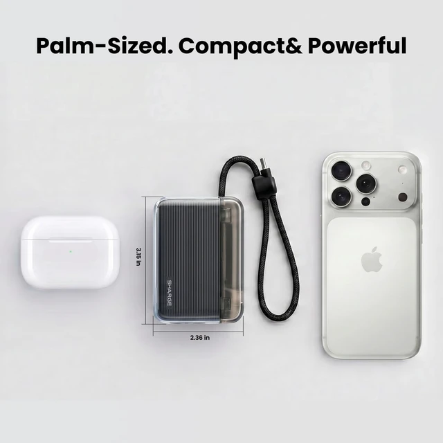Alt view image 2 of 7 - Mini Portable Charger 10000mAh Power Bank with Built-in Cable | SHARGE Flow 2, Flight-Safe Travel Essential Compact Battery Pack for iPhone 17/16/15, iPad, Galaxy S26, Pixel and More