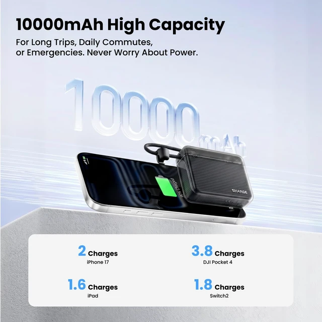 Alt view image 3 of 7 - Mini Portable Charger 10000mAh Power Bank with Built-in Cable | SHARGE Flow 2, Flight-Safe Travel Essential Compact Battery Pack for iPhone 17/16/15, iPad, Galaxy S26, Pixel and More