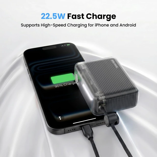 Alt view image 6 of 7 - Mini Portable Charger 10000mAh Power Bank with Built-in Cable | SHARGE Flow 2, Flight-Safe Travel Essential Compact Battery Pack for iPhone 17/16/15, iPad, Galaxy S26, Pixel and More