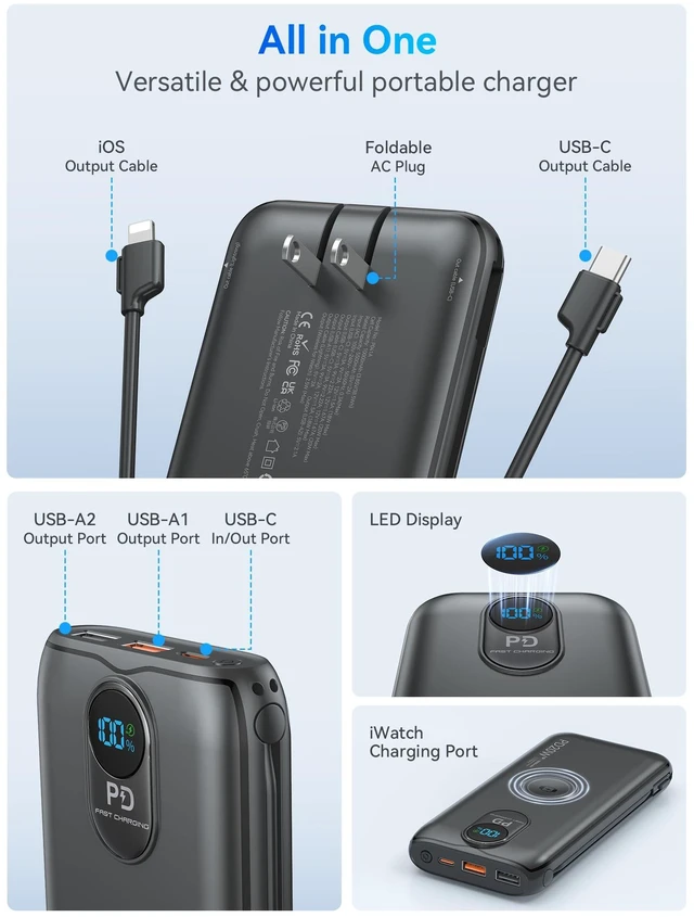 Alt view image 4 of 7 - Portable Charger Power Bank 10000mAh PD20W w/Built-in Cables & AC Plug | Portable charger iphone,Fast charging, Built-in wall plug, LED display, Charge 6 devices at once, Pass through charging