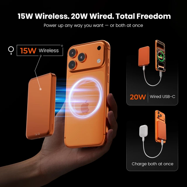 Alt view image 6 of 7 - Catmart Qi2 Certified Magnetic Power Bank 10000mAh, 15W Fast Wireless Charger, Ultra-Slim LiFePO4 Battery Pack with 20W PD USB-C, Portable Charger for iPhone 18-12, Apple Watch & AirPods