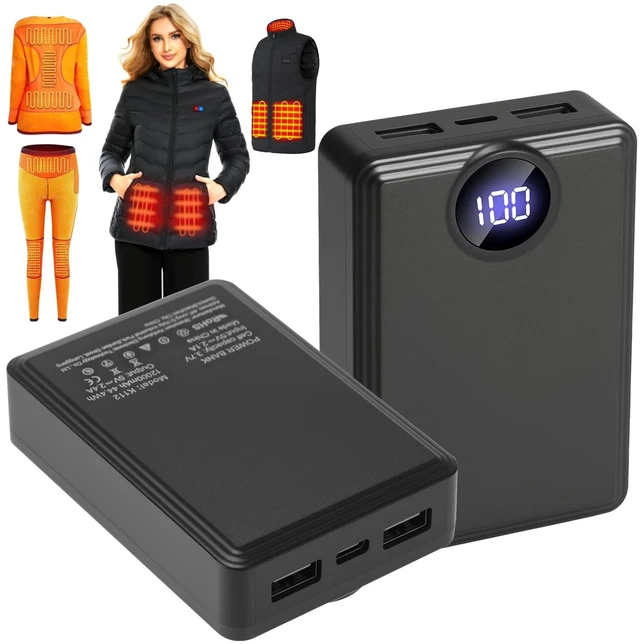 Main image of 2 PACK 12000mAh Heated Vest Battery Pack, USB Power Bank Portable Dual Output Ports (not for 7.4V or 12V)with LED Display for Heating Jacket Hoodies Pants Heated Chair and Smart Device