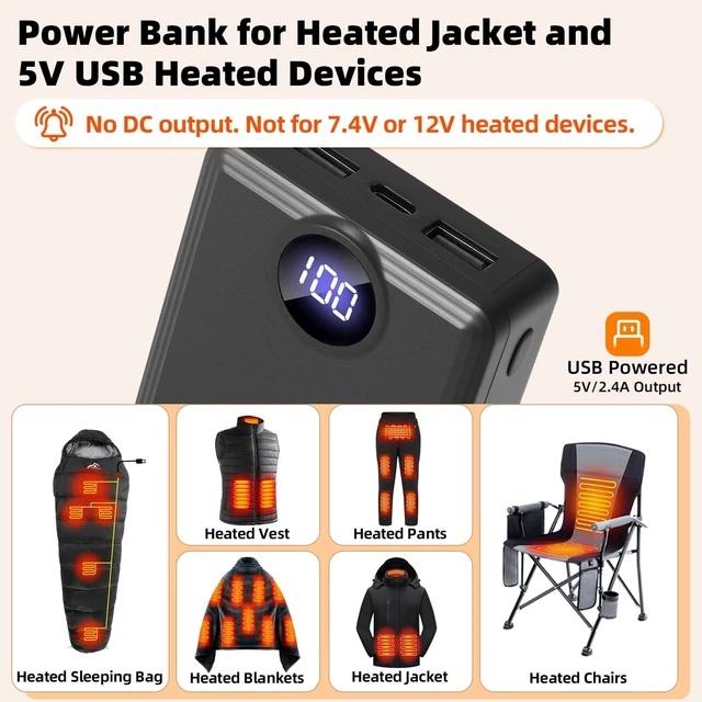 Alt view image 5 of 5 - 2 PACK 12000mAh Heated Vest Battery Pack, USB Power Bank Portable Dual Output Ports (not for 7.4V or 12V)with LED Display for Heating Jacket Hoodies Pants Heated Chair and Smart Device