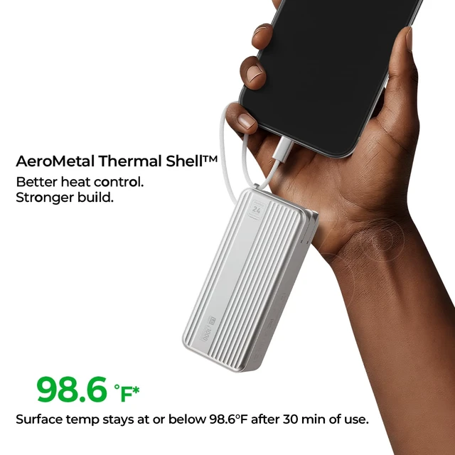 Alt view image 2 of 7 - PHYSCE 3-in-1 Power Bank, 30W Portable Charger Approx. 10,000mAh, Aluminum Body, LG Cells, Built-in USB-C Cable, Foldable Plug