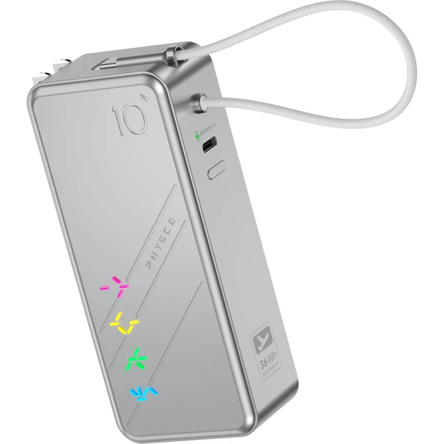 Main image of PHYSCE 3-in-1 Power Bank, 30W Portable Charger Approx. 10,000mAh, Aluminum Body, LG Cells, Built-in USB-C Cable, Foldable Plug