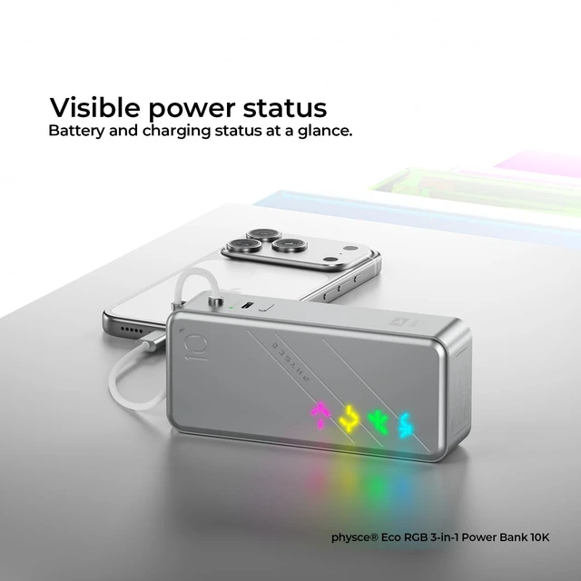 Alt view image 4 of 7 - PHYSCE 3-in-1 Power Bank, 30W Portable Charger Approx. 10,000mAh, Aluminum Body, LG Cells, Built-in USB-C Cable, Foldable Plug