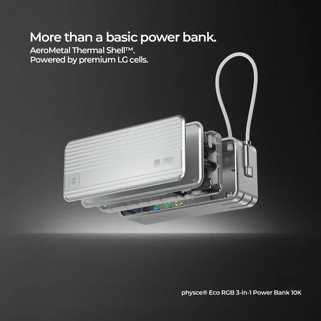 Alt view image 5 of 7 - PHYSCE 3-in-1 Power Bank, 30W Portable Charger Approx. 10,000mAh, Aluminum Body, LG Cells, Built-in USB-C Cable, Foldable Plug