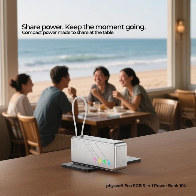 Alt view image 7 of 7 - PHYSCE 3-in-1 Power Bank, 30W Portable Charger Approx. 10,000mAh, Aluminum Body, LG Cells, Built-in USB-C Cable, Foldable Plug