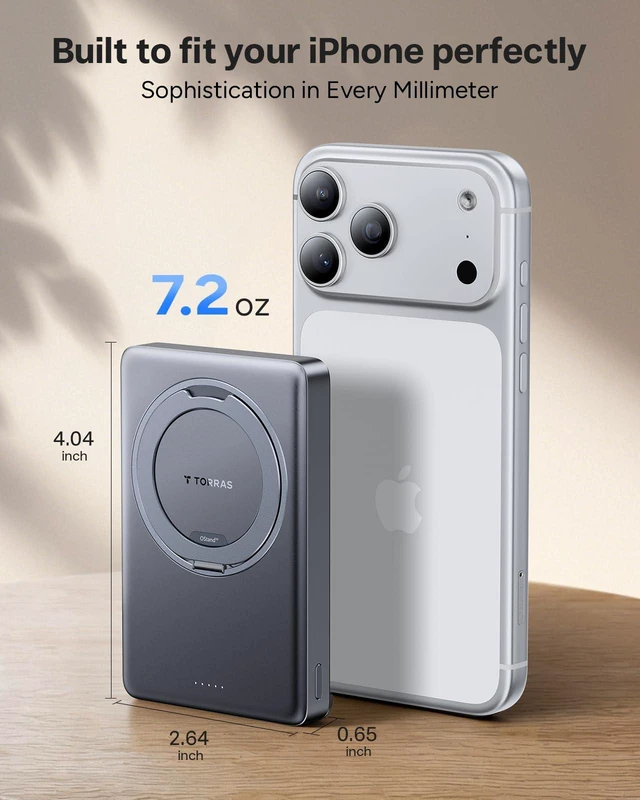 Alt view image 3 of 5 - TORRAS Ostand MiniMag 10000mAh Magnetic Power Bank with Stand for iPhone 18 | Portable Charger, 15W Wireless, 22.5W USB-C, iPhone 18/17/16/15/14/13/12, 360° Stand, 13N Magnetic Hold, Travel Ready