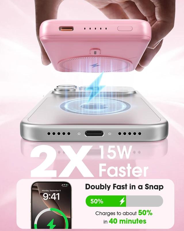 Alt view image 2 of 7 - TG90° Mini Magnetic Power Bank,10,000mAh Magsafe Portable Charger,Pink | 15W Ultra Slim PowerBank,22.5W Fast Charging,Compact Wireless Travel Essential Battery Pack,for iPhone 18/17 Series and More