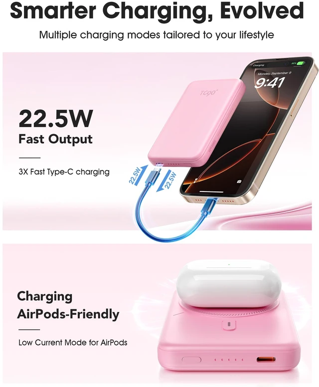 Alt view image 3 of 7 - TG90° Mini Magnetic Power Bank,10,000mAh Magsafe Portable Charger,Pink | 15W Ultra Slim PowerBank,22.5W Fast Charging,Compact Wireless Travel Essential Battery Pack,for iPhone 18/17 Series and More