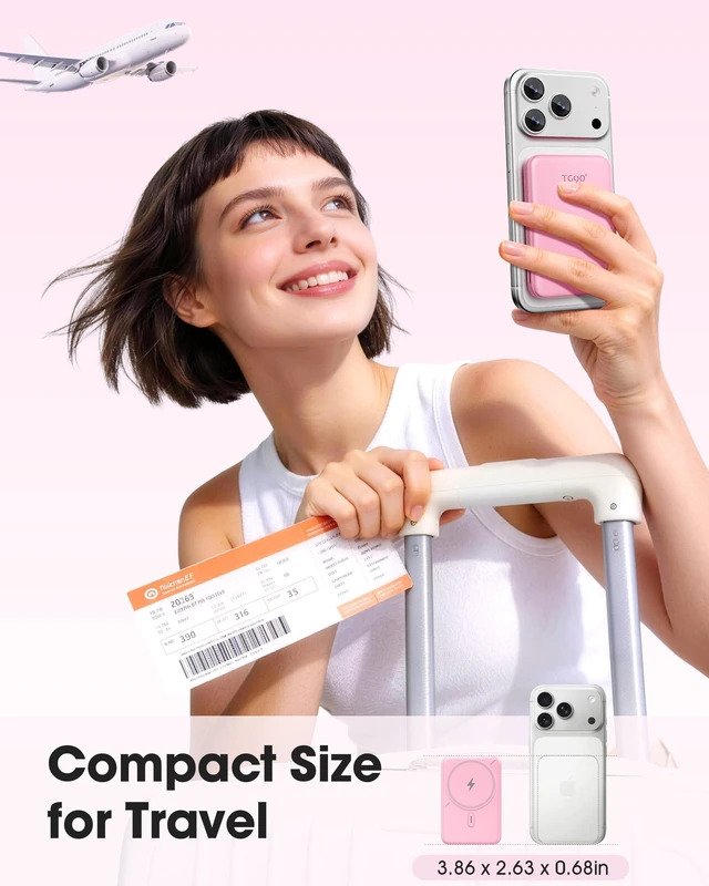 Alt view image 6 of 7 - TG90° Mini Magnetic Power Bank,10,000mAh Magsafe Portable Charger,Pink | 15W Ultra Slim PowerBank,22.5W Fast Charging,Compact Wireless Travel Essential Battery Pack,for iPhone 18/17 Series and More