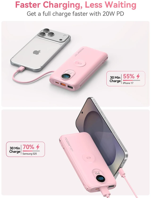 Alt view image 7 of 7 - Portable Charger Power Bank 10000mAh PD20W w/Built-in Cables & AC Plug | Portable charger iphone,Fast charging, Built-in wall plug, LED display, Charge 6 devices at once, Pass through charging